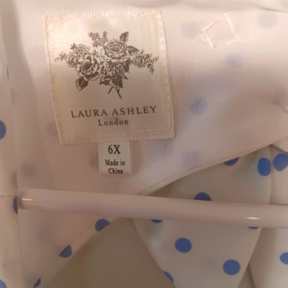 Laura Ashley Girls Polk-dot & Floral Blue & White Sleeveless Dress W/ Back Bow - Picture 4 of 9